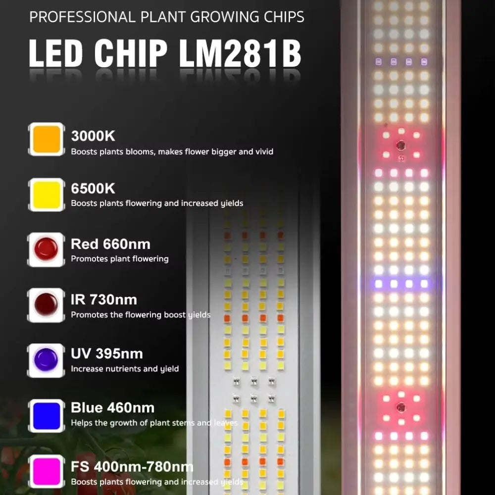 Lampe de croissance avec plusieurs LED de couleurs jaune, rouge, bleu et violet sur un fond sombre