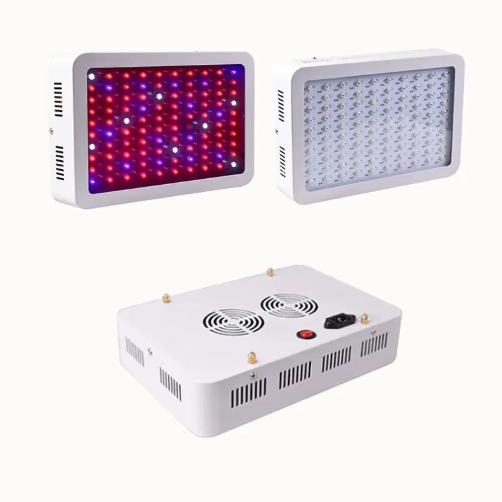 Deux lampes rectangulaires avec LED rouges et bleues, et une lampe blanche, sur fond blanc