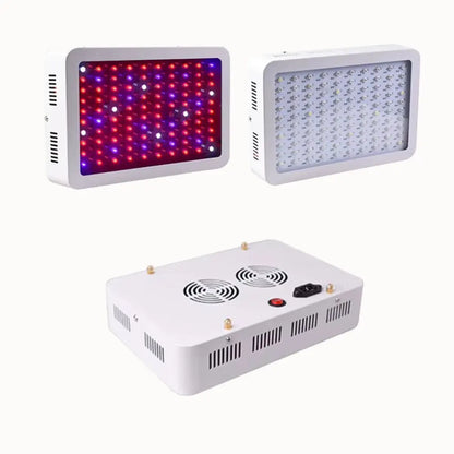 Deux lampes rectangulaires avec LED rouges et bleues, et une lampe blanche, sur fond blanc