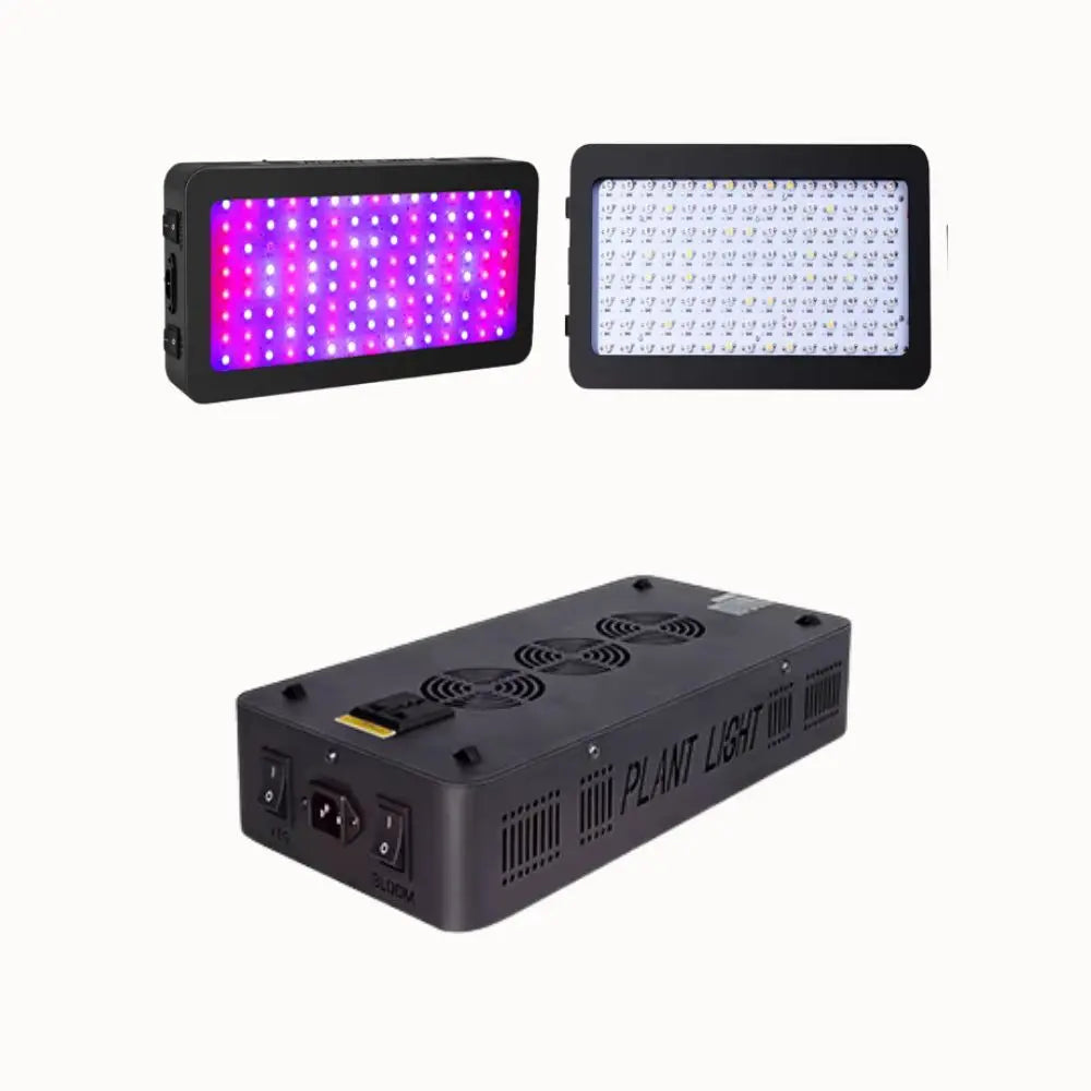 Panneau LED rectangulaire avec lumières roses et blanches, boîtier noir et ventilateurs visibles sur le dessus