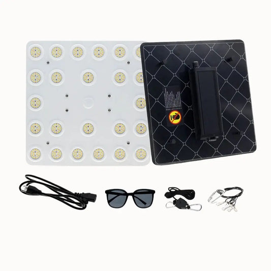 Panneau lumineux avec plusieurs LED blanches, câbles noirs et lunettes de protection sur fond clair