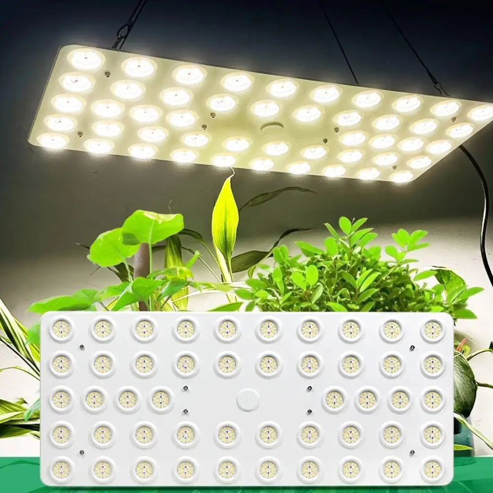 Panneau lumineux rectangulaire blanc avec plusieurs LED, suspendu au-dessus de jeunes plants verts