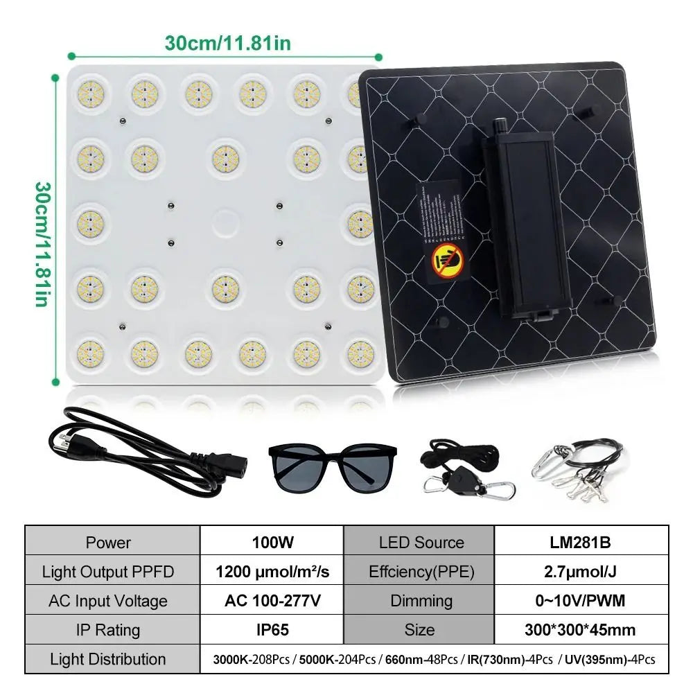 Panneau lumineux rectangulaire avec plusieurs LED, couleur blanche, support noir et lunettes de protection à côté
