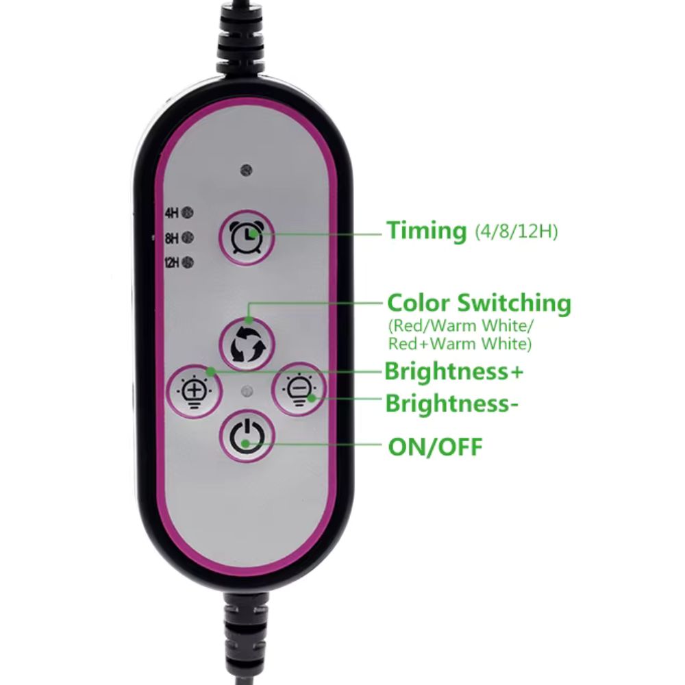 Télécommande noire avec boutons ronds, éclairage LED, motifs en couleur rose et blanche, câbles visibles