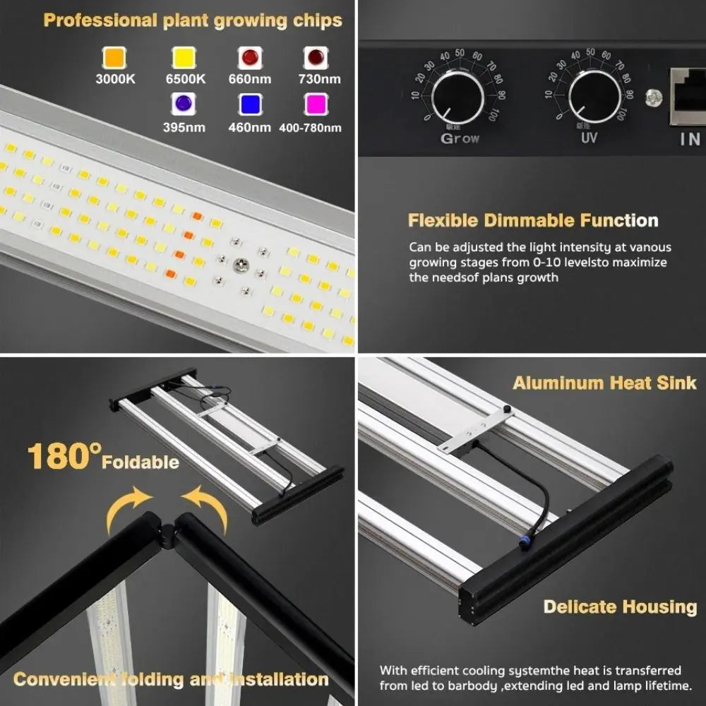 Barres LED horticoles avec plusieurs couleurs de lumière, structure en aluminium et système de refroidissement intégré