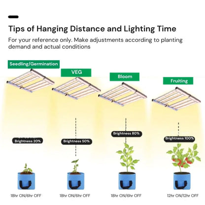 Barres de lampe horticole LED suspendues avec pots de fleurs bleus et éclairage en différentes intensités