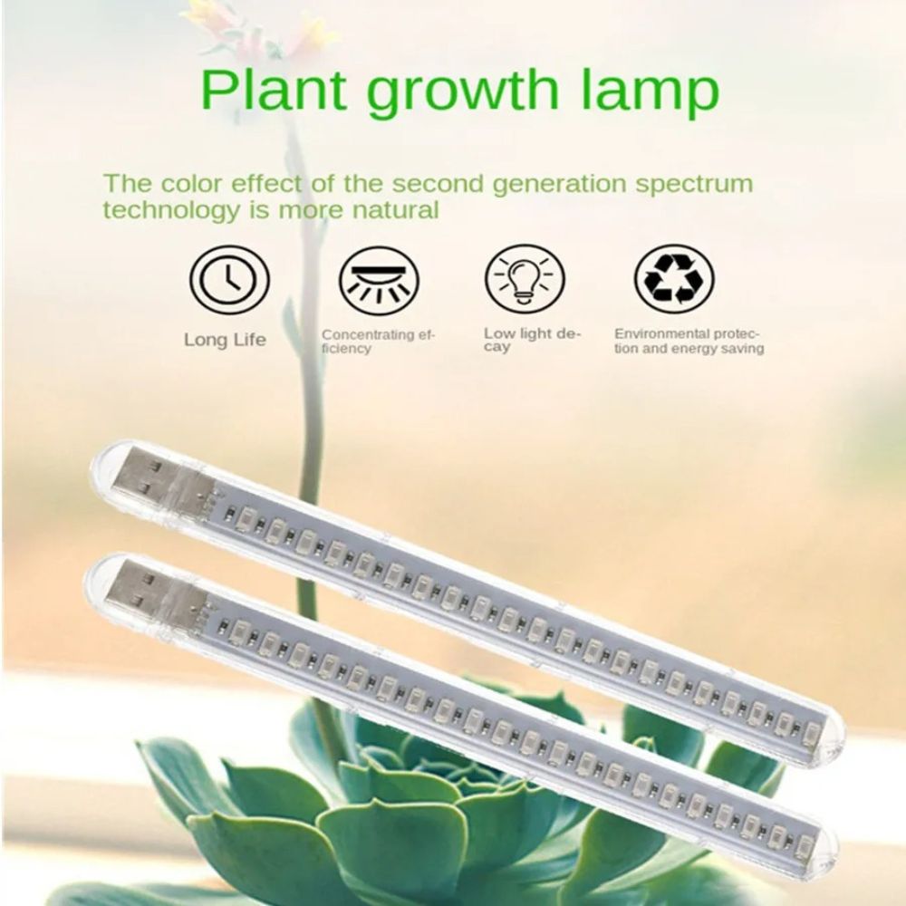 Lampe horticole avec un design allongé, couleur blanche, et un câble USB souple visible en arrière-plan
