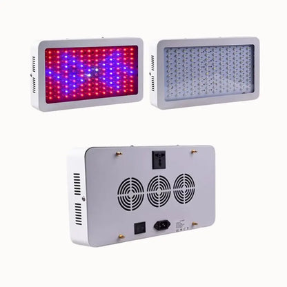 Panneau d'éclairage LED avec lumières rouges et bleues, surface blanche et grise, grilles de ventilation visibles