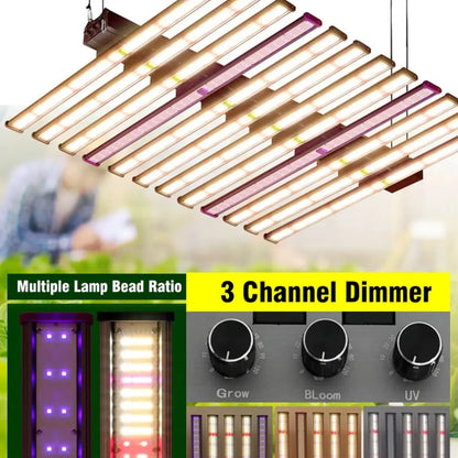 Panneau LED dimmable avec plusieurs rangées de lumières blanches et violettes sur fond clair