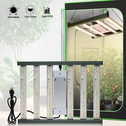 Lampe LED avec barres lumineuses blanches et vertes, câbles noirs et décor de plantes en arrière-plan