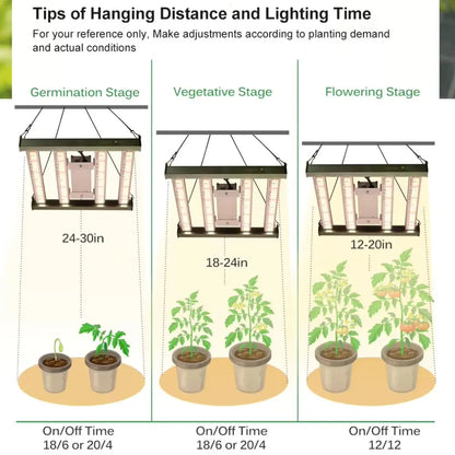 Image montrant une lampe LED suspendue avec des barres lumineuses blanches et un décor de plantes en pots