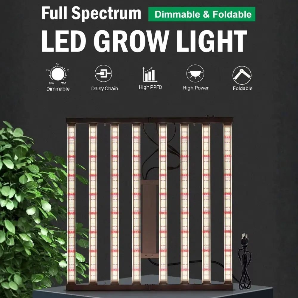 Lampe LED avec plusieurs barres lumineuses blanches et rouges, cadre noir et plante verte en arrière-plan