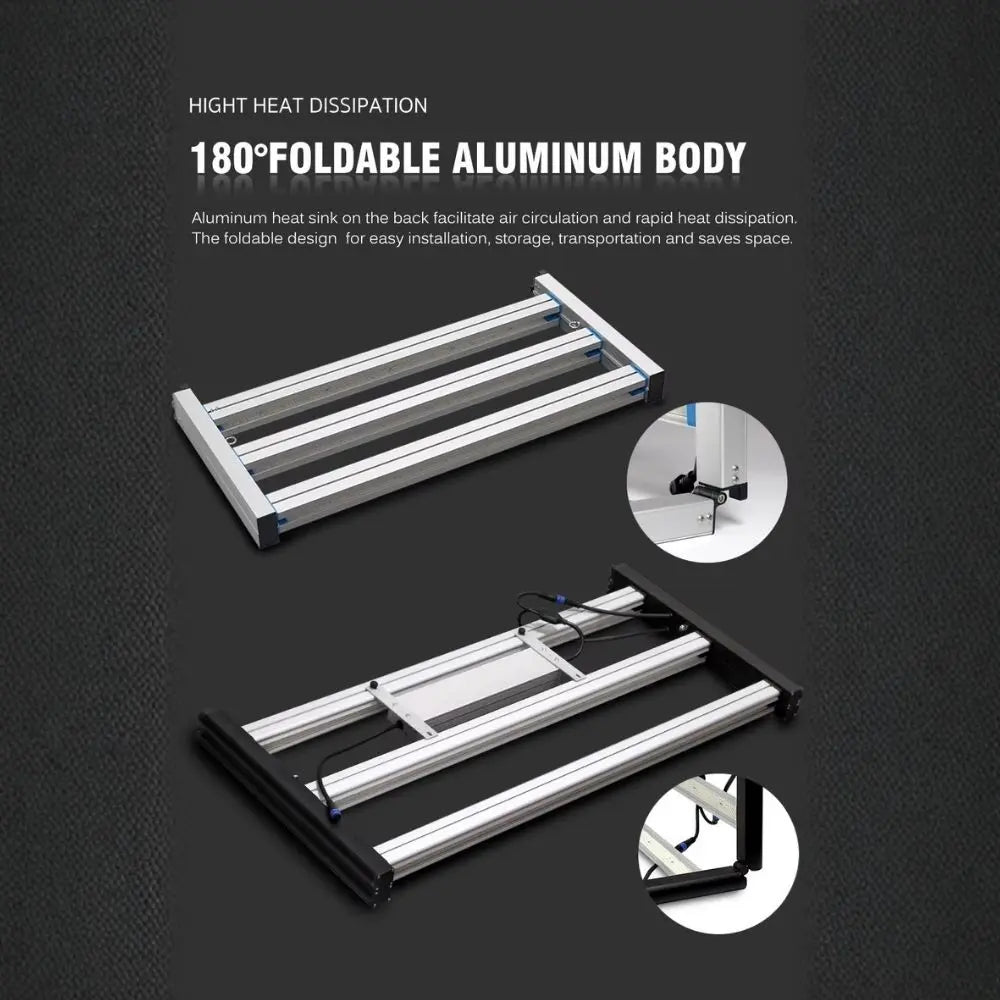 Structure en aluminium pliable avec des barres horizontales et un fond noir, conçue pour la dissipation de chaleur