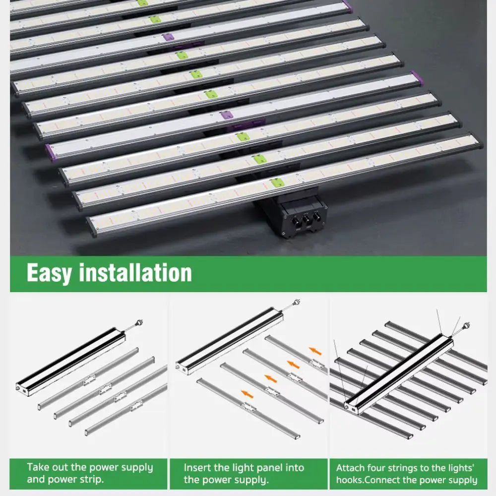 Barres LED horticoles en aluminium avec connecteurs et câbles d'alimentation sur fond gris