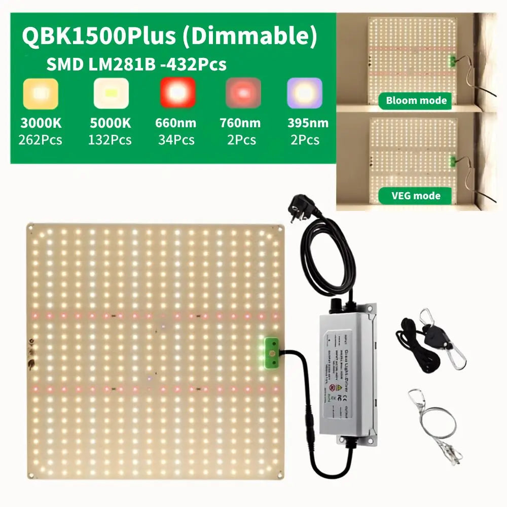 Lampe LED horticole avec un panneau rectangulaire, des lumières blanches et des câbles noirs visibles