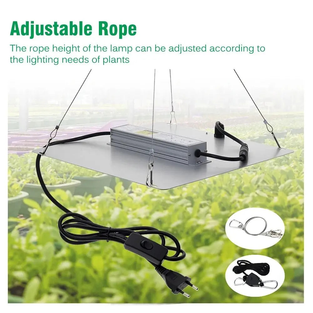 Lampe LED horticole suspendue avec câble noir, plaque métallique et cordes ajustables pour la culture de plantes