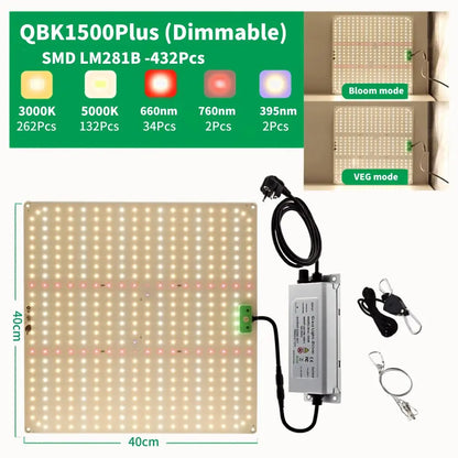 Lampe LED horticole avec un panneau rectangulaire, des lumières rouges, bleues et blanches, câbles et accessoires visibles
