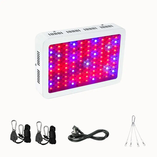 Lampe LED horticole avec un boîtier blanc et un éclairage rouge et bleu en forme de grille