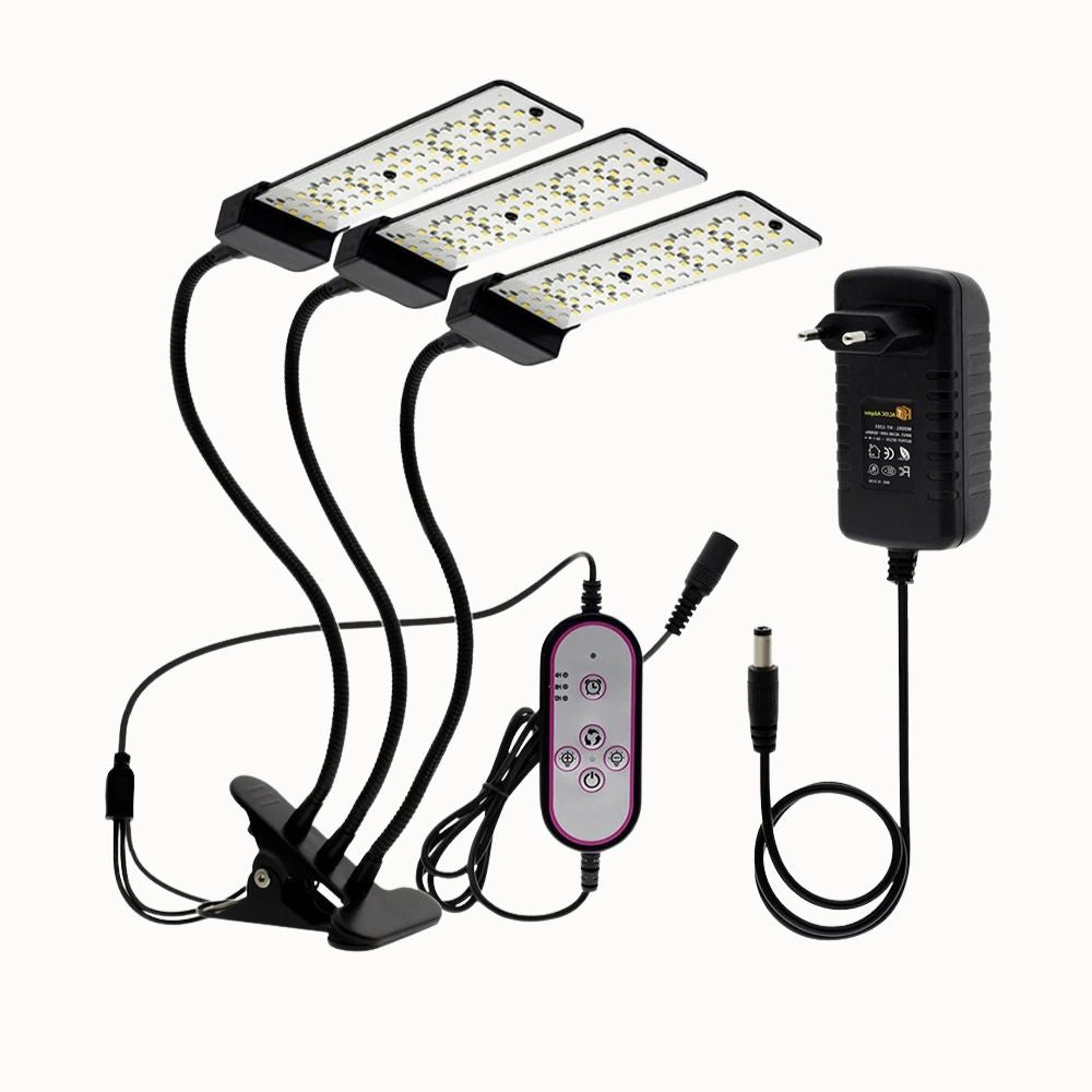 Lampe LED hydroponique avec trois bras flexibles, télécommande et adaptateur secteur noir