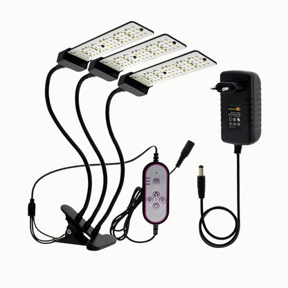 Lampe LED hydroponique avec trois bras flexibles, télécommande et adaptateur secteur noir