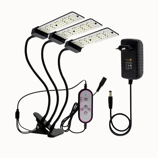 Lampe LED hydroponique avec trois bras flexibles, télécommande et adaptateur secteur noir