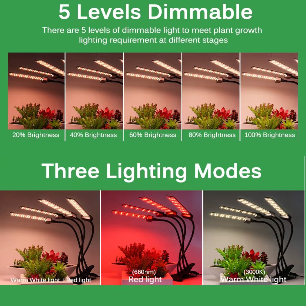 Lampe LED hydroponique avec trois bras flexibles et lumières rouges, blanches et chaudes pour culture indoor