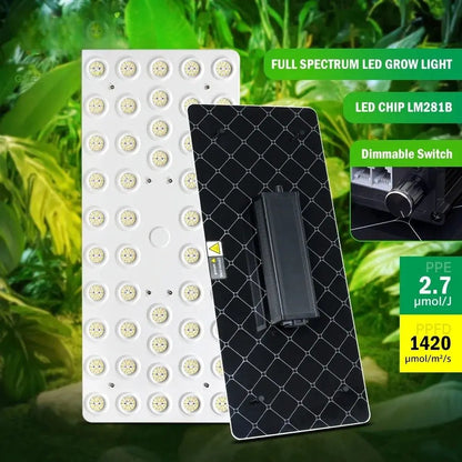 Panneau LED rectangulaire avec plusieurs ampoules blanches sur fond vert de plantes luxuriantes