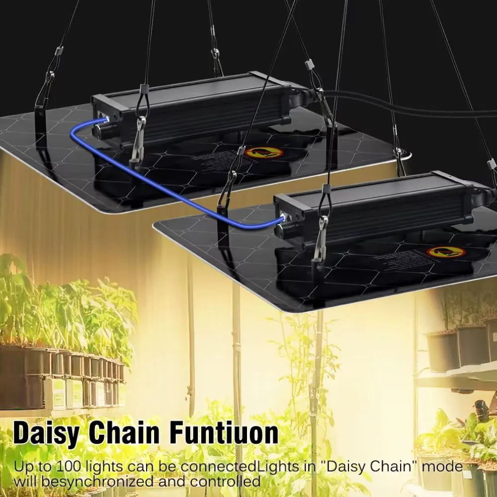 Panneau LED noir avec câbles suspendus, éclairant des plantes en pot sur une surface brillante