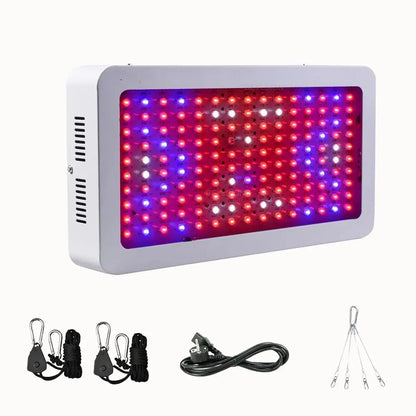 Lampe LED rectangulaire avec des lumières rouges et bleues sur un fond blanc, câbles et crochets visibles