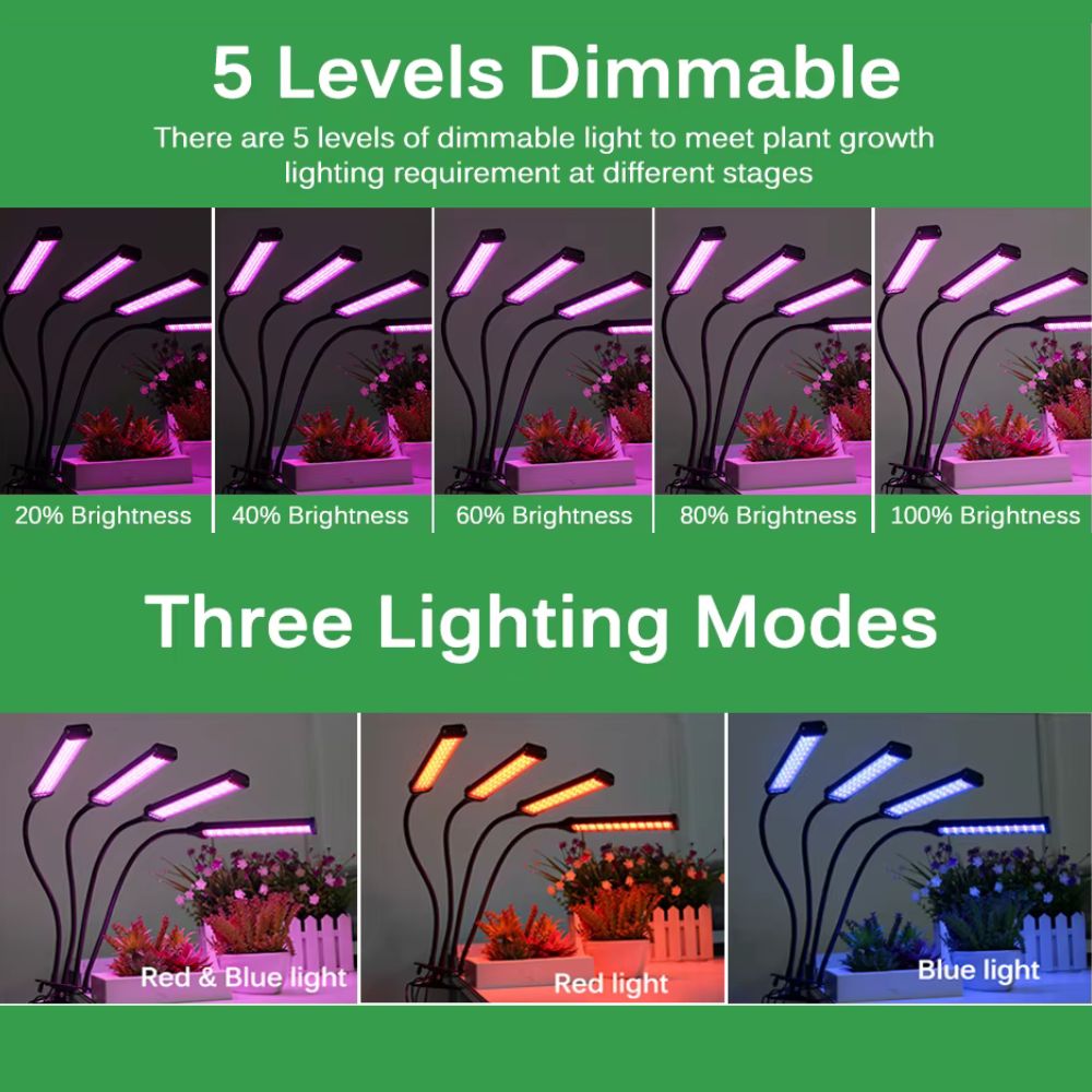 Quatre bras de lampe LED avec différentes intensités lumineuses, éclairant des plantes en pots colorés