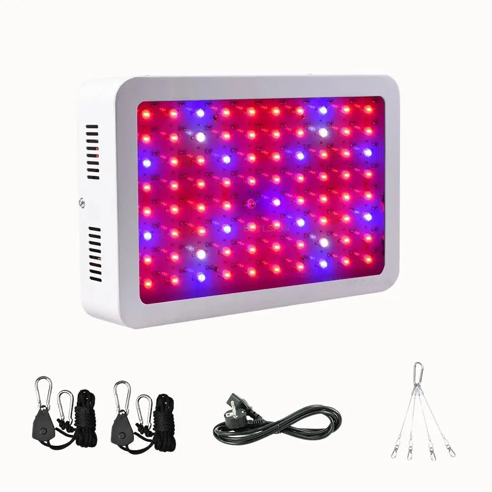 Lampe LED rectangulaire avec lumières rouges et bleues, câbles et crochets pour suspension visibles
