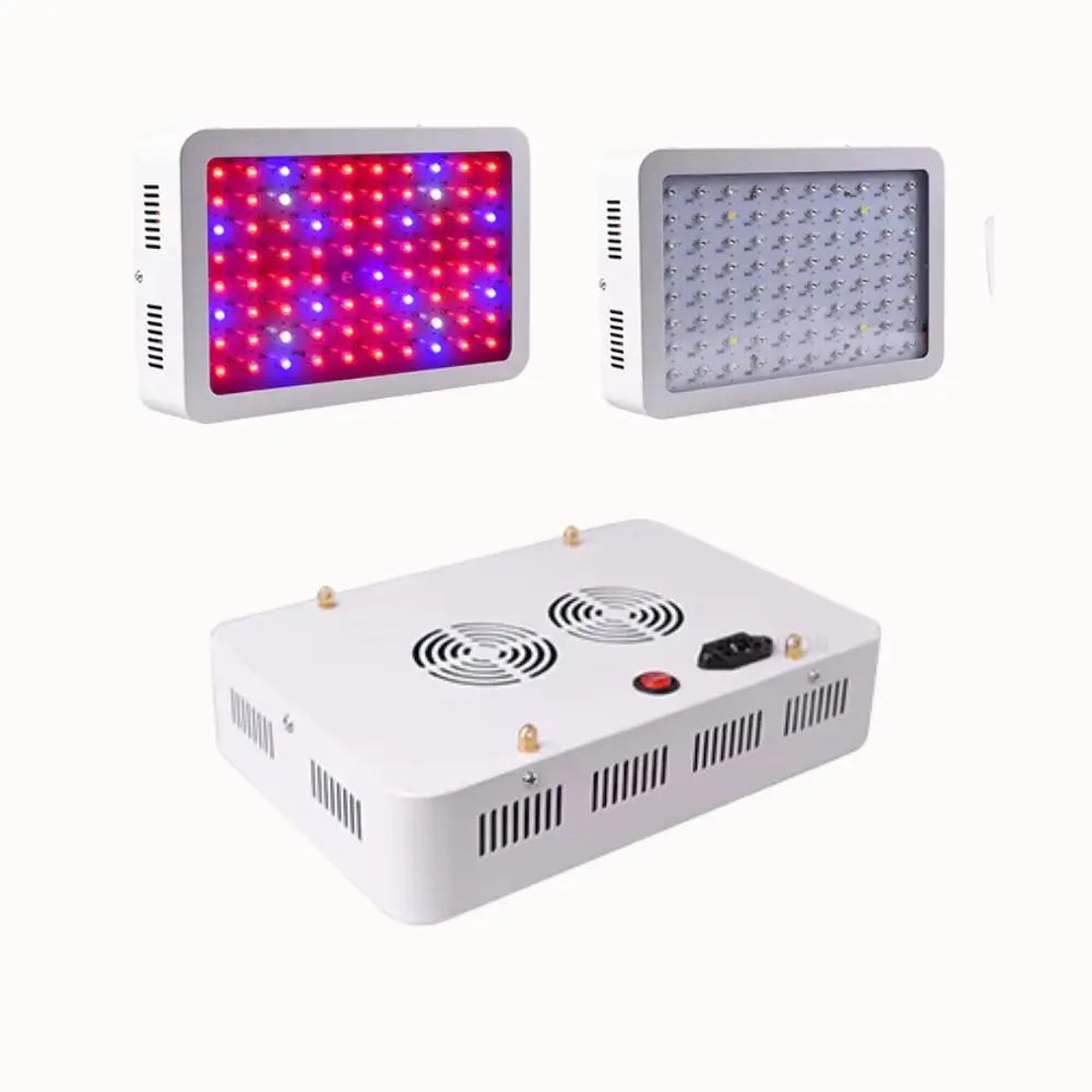 Lampe LED rectangulaire avec lumières rouges et bleues, boîtier blanc et grilles de ventilation sur le dessus