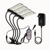 Quatre lampes LED avec bras flexibles, télécommande et adaptateur, sur un fond neutre