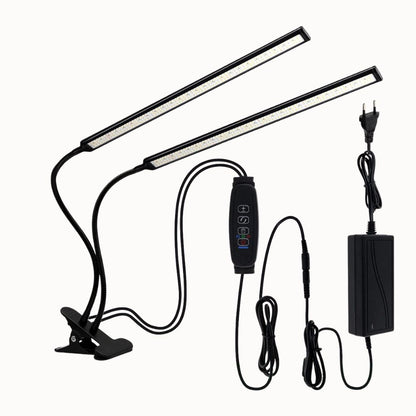 Lampe UV LED à double tête avec pince, câbles noirs et interrupteur sur fond blanc