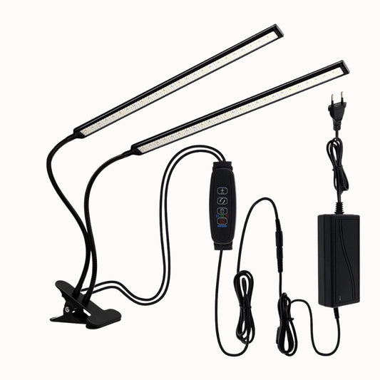 Lampe UV LED à double tête avec pince, câbles noirs et interrupteur sur fond blanc