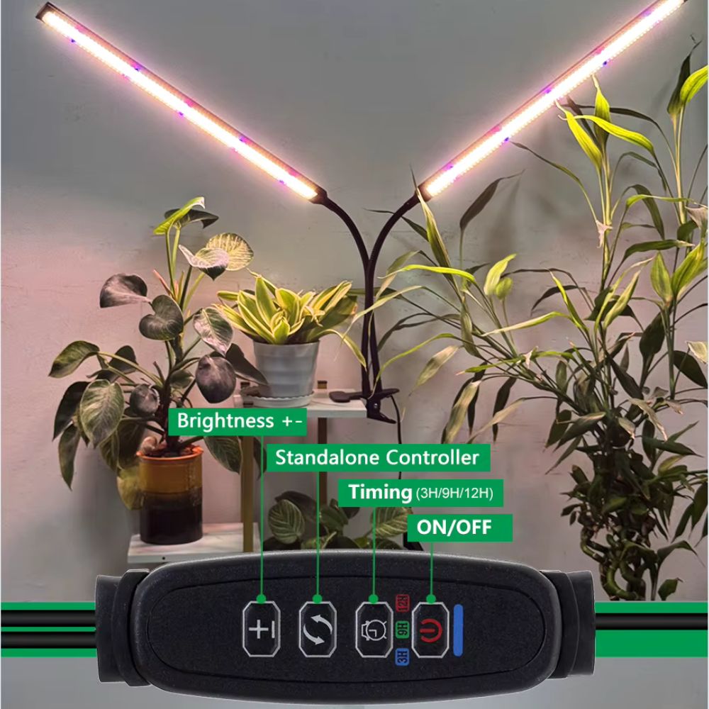 Lampe UV LED à double tête sur pince, éclairant des plantes vertes dans un intérieur lumineux