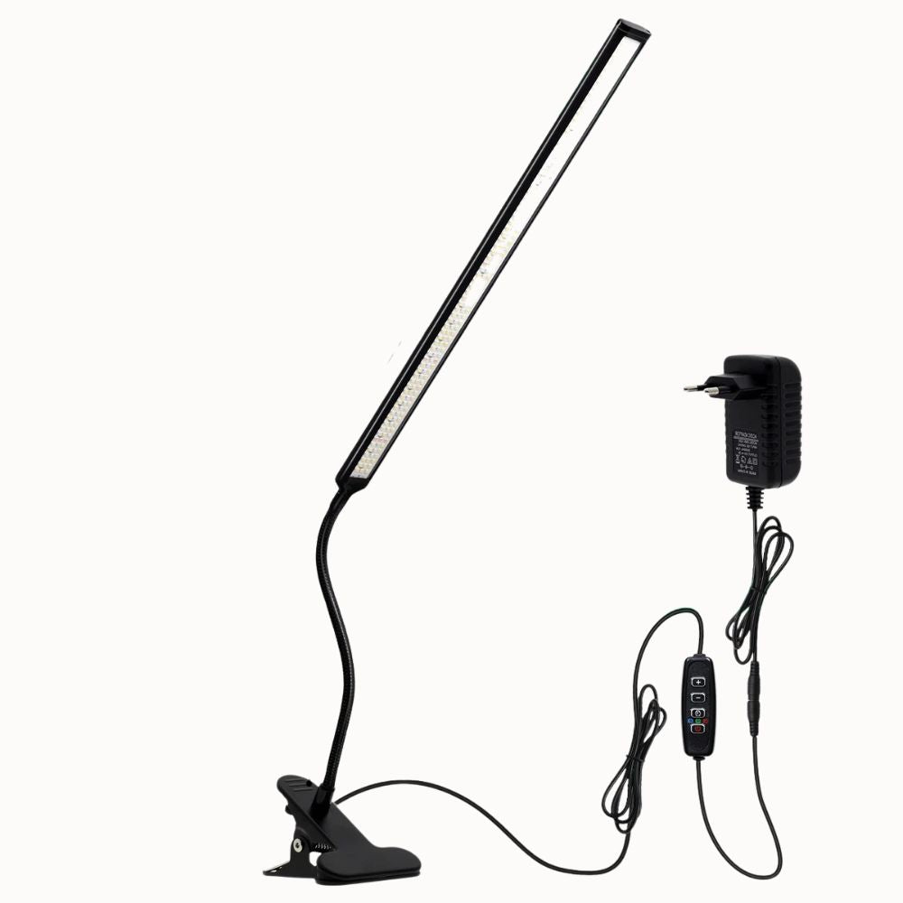 Lampe LED avec pince flexible, corps noir, long tube lumineux et câble d'alimentation visible