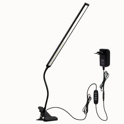 Lampe LED avec pince flexible, corps noir, long tube lumineux et câble d'alimentation visible