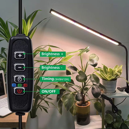 Lampe UV pour plante intérieure avec pince flexible, éclairage LED et télécommande noire sur fond de plantes vertes