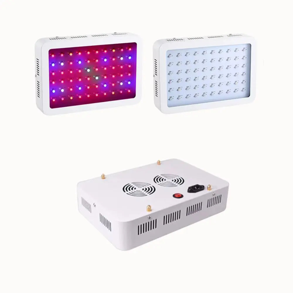 Lampes de croissance blanches avec LED colorées, disposées en deux panneaux rectangulaires et un boîtier central
