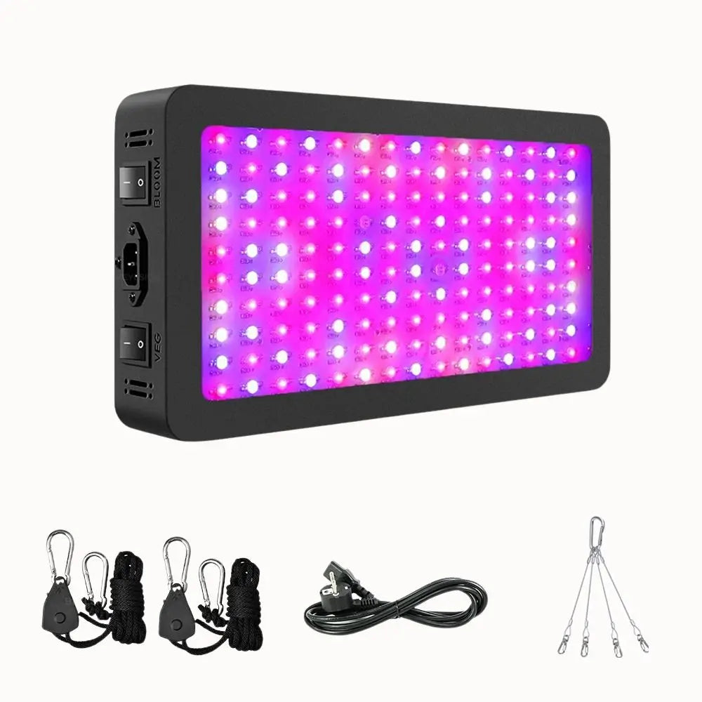 Panneau LED rectangulaire avec lumières roses et blanches, câbles et crochets en métal visibles