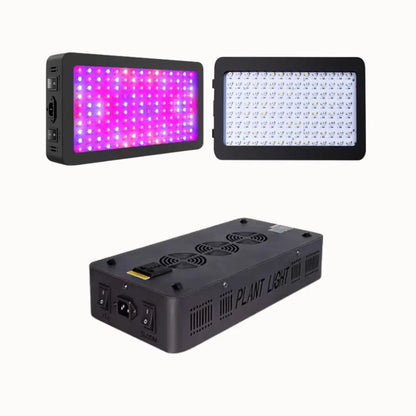 Panneau LED noir avec lumières roses et blanches, conçu pour la culture de plantes en intérieur