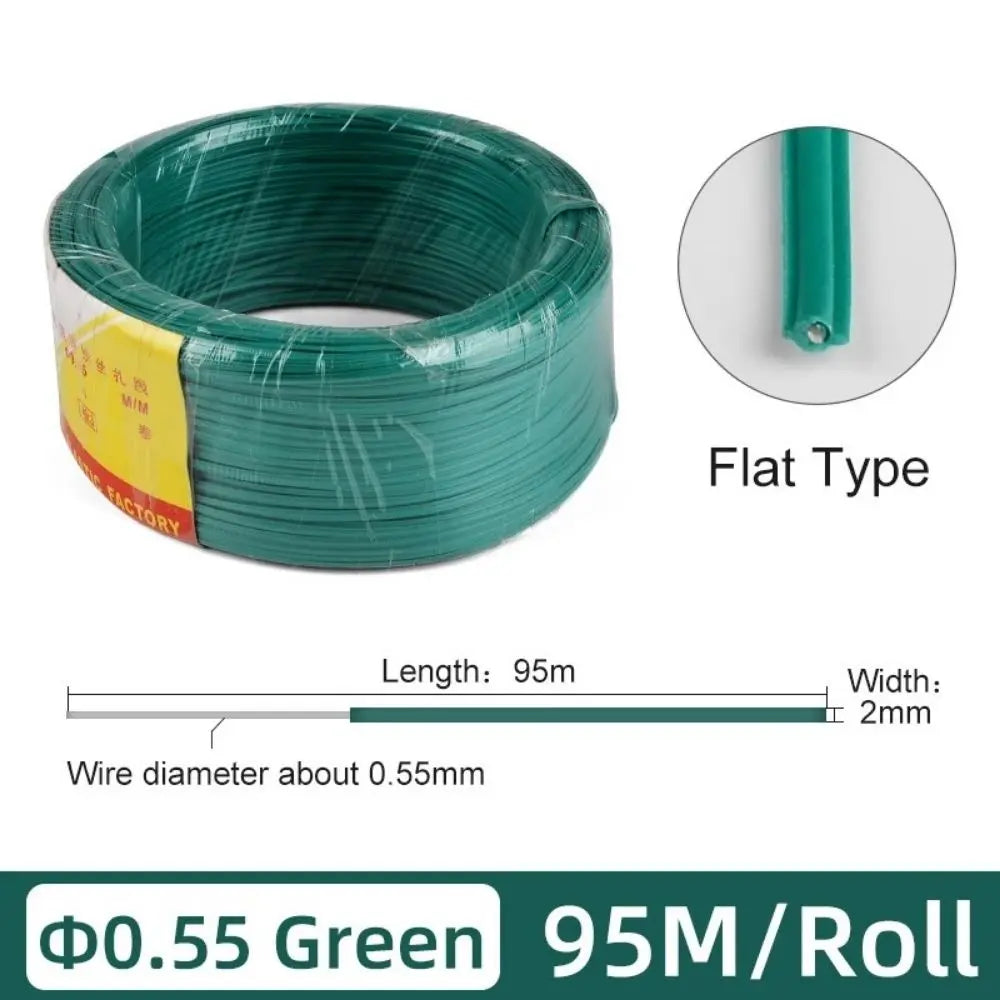 Fil de tuteurage souple vert enroulé, visible dans un rouleau avec une texture lisse et brillante