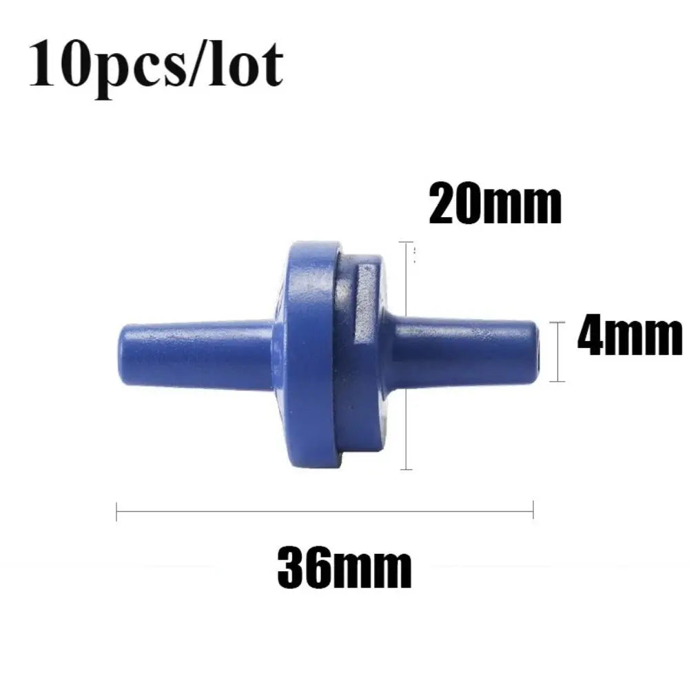 Clapet anti-retour en plastique bleu, forme cylindrique avec deux embouts de 4 mm et 20 mm de long