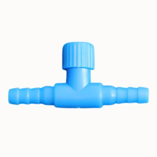 Vanne de régulation d'air en plastique bleu avec deux embouts et un bouton de réglage central
