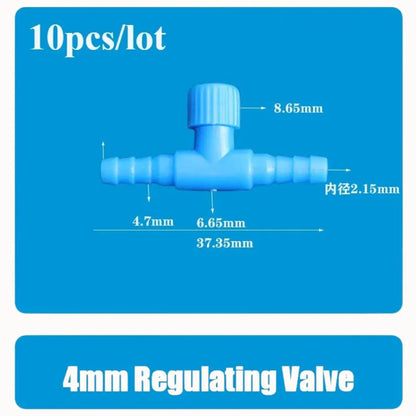 Vannes de régulation d'air 4mm en plastique bleu, avec deux embouts et un corps central