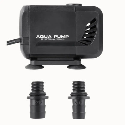 Pompe submersible noire avec deux raccords en plastique gris, sur fond blanc, design compact et moderne