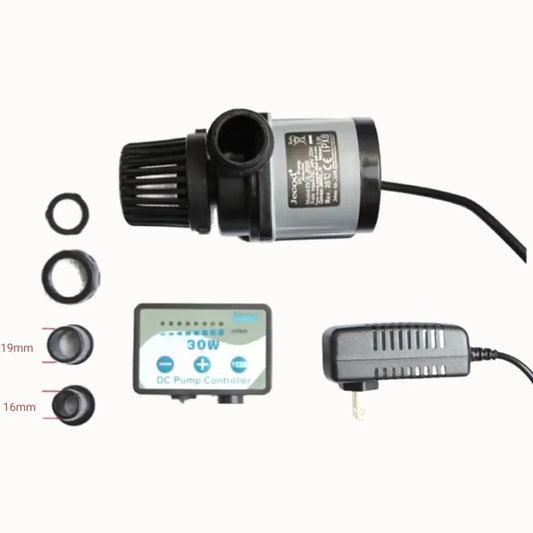 Pompe à eau électrique noire avec écran de contrôle et plusieurs adaptateurs en plastique gris