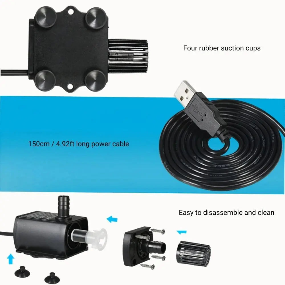 Pompe à eau noire avec câble USB, quatre ventouses en caoutchouc et éléments démontables visibles