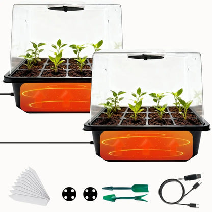 Deux mini serres transparentes avec des plants verts, un fond orange et des accessoires de jardinage